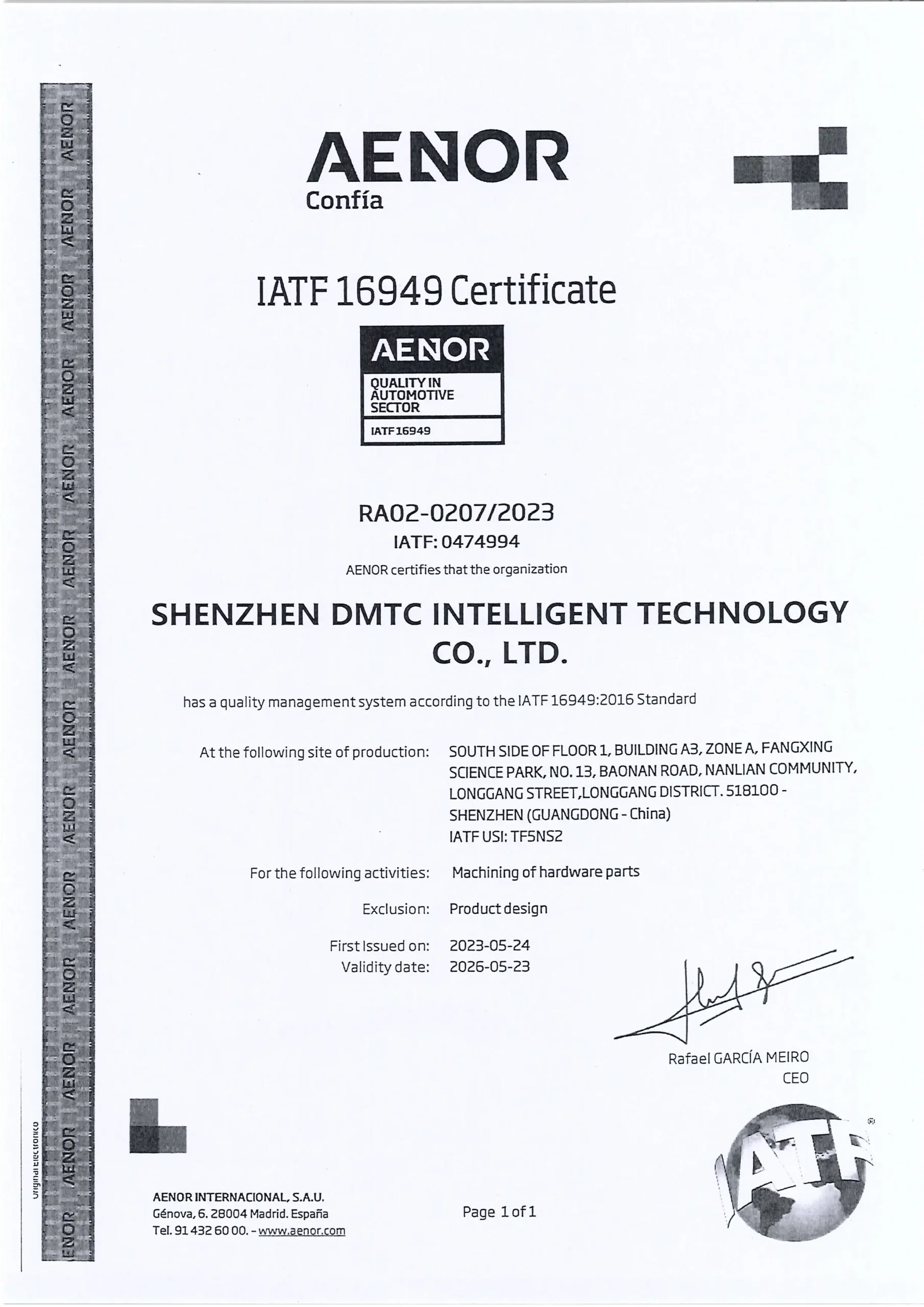 Our Certificate